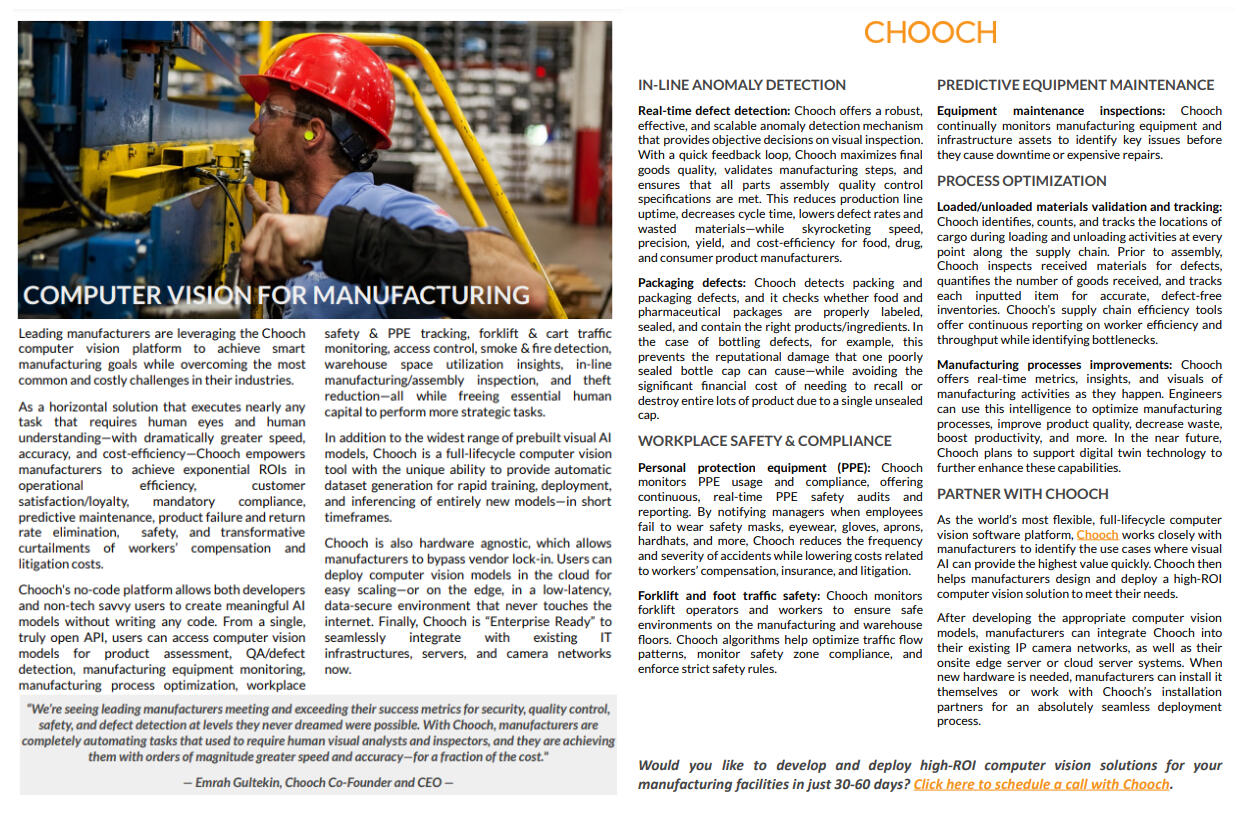 This two-page datasheet (2-Pager) for a cutting-edge visual AI solution -- CHOOCH.AI -- describes the advantages, capabilities, and ROI of using Chooch computer vision strategies in the retail industry.